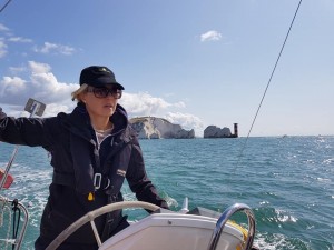 Kathy on the Helm as we passed the Needles